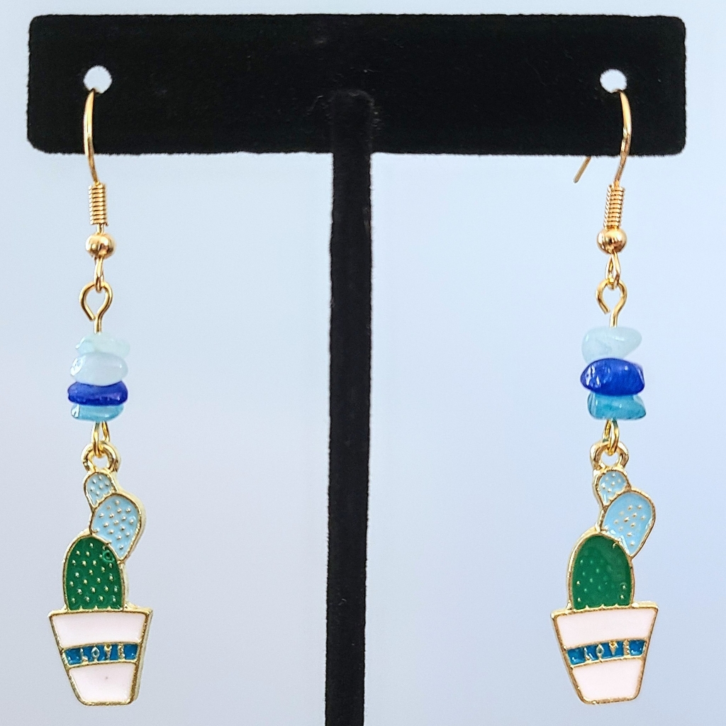 Handmade Cute Enamel Love Vase Cactus Dyed Quartz Accent Earrings W/ Gold Hooks